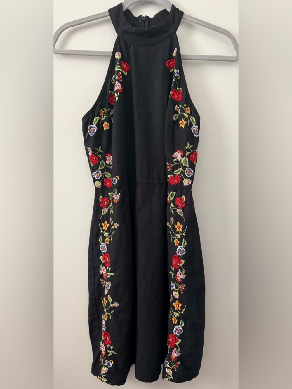 Black Embroidered Floral Halter Dress Boho Sleeveless Mini Dress